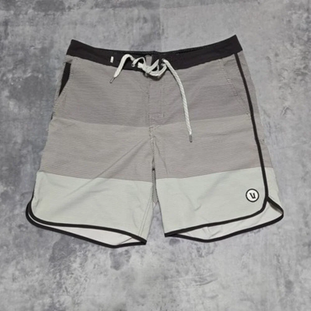 Vuori Men's Cruise Boardshorts, Size 32, Beach Swim Striped Design Scalloped Hem
